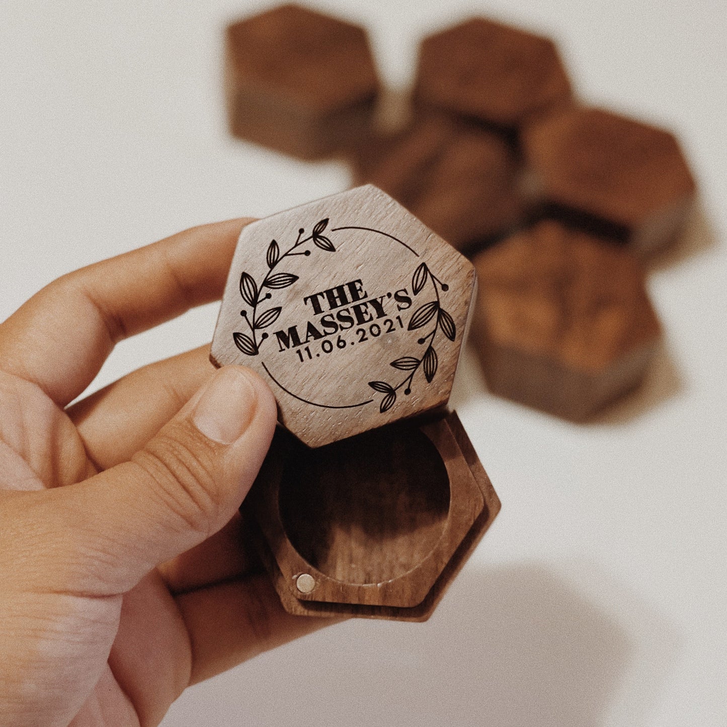 Personalized Hexagon Walnut Ring Box