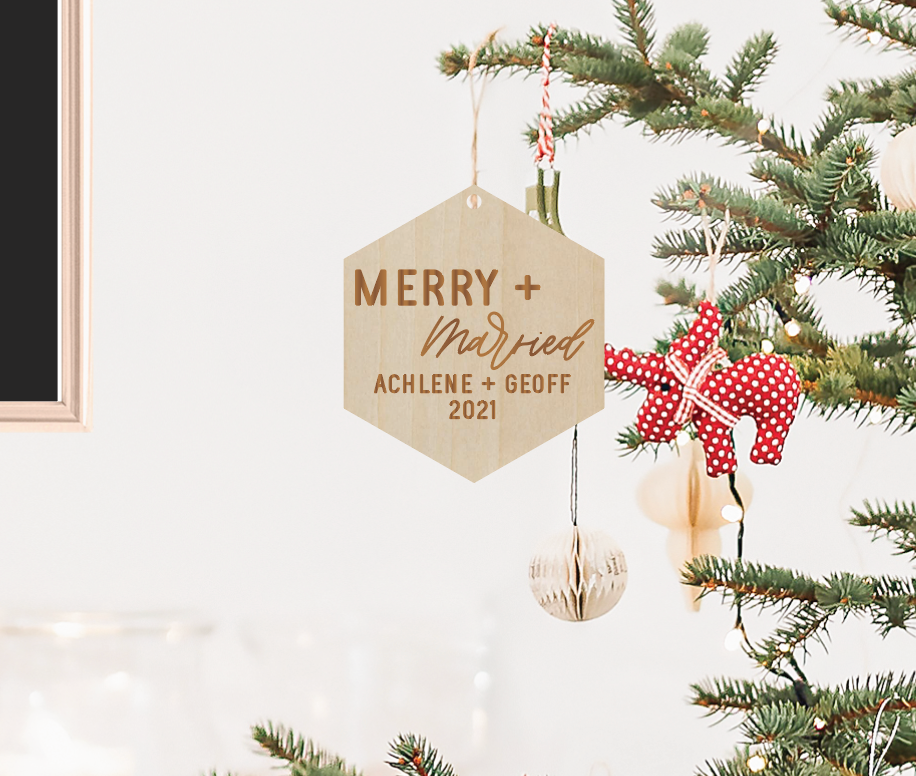 Modern "Merry + Married" Hexagon Ornament