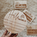 "Hello World" Boho Wooden Birth Announcement