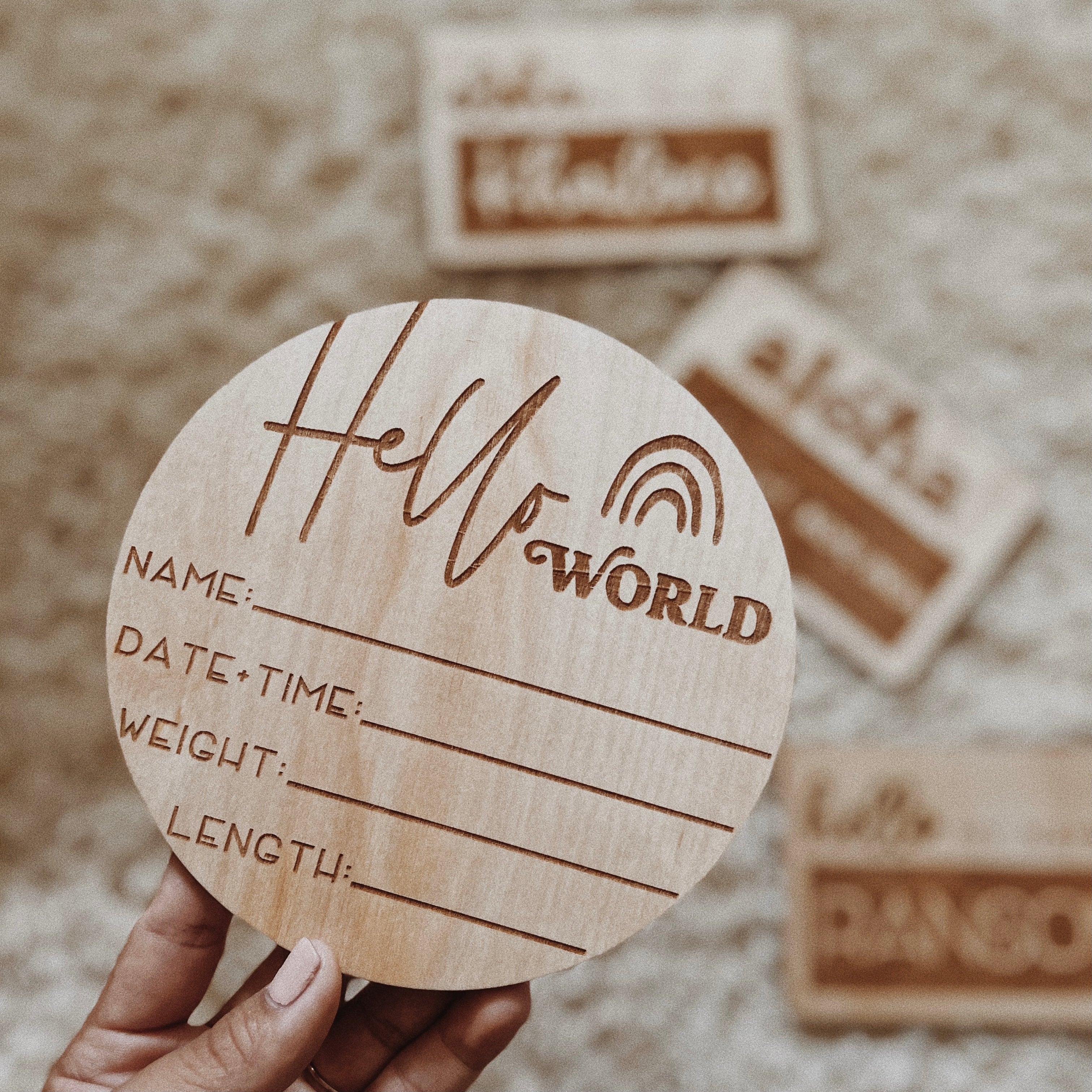 "Hello World" Boho Wooden Birth Announcement